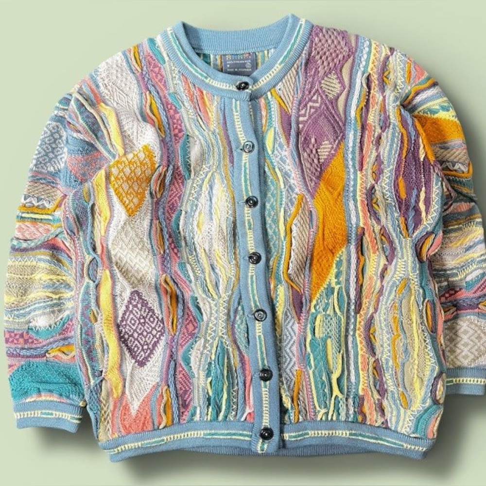 COOGI Pastel Multicolor Textured Knit Cardigan - Blue, Yellow, Purple